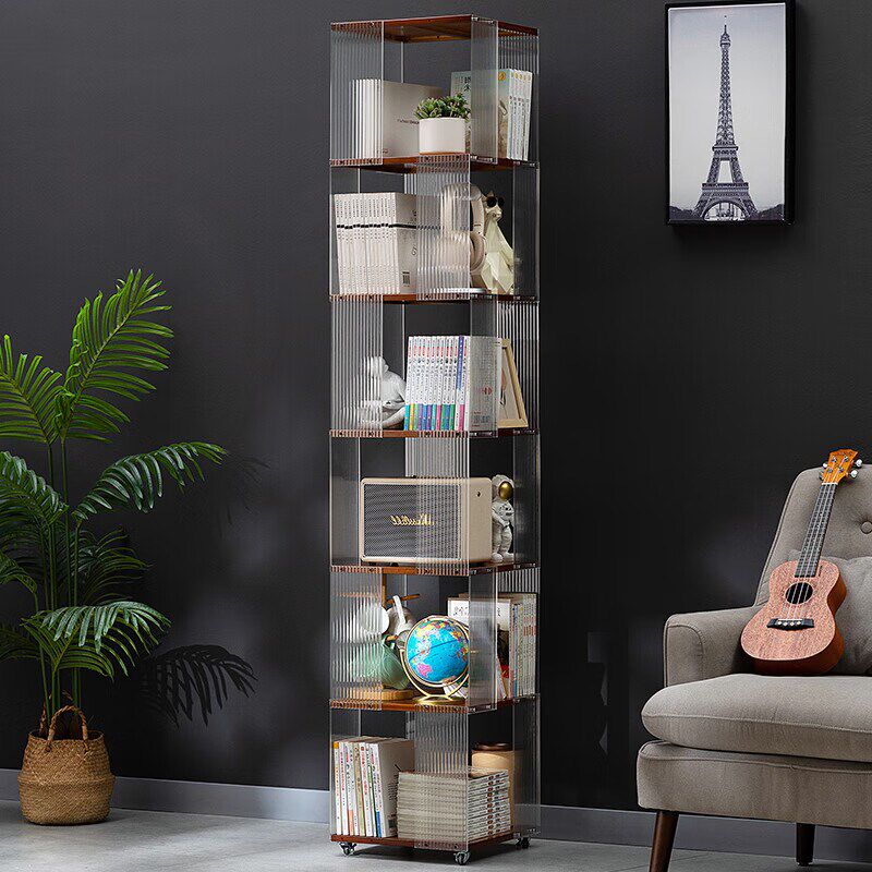 亚克力旋转书架360度客厅电视机旁置物架收纳可移动多层实木书柜