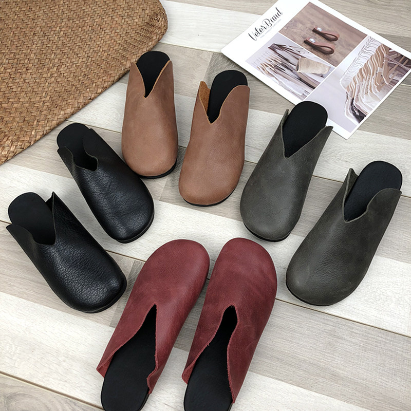 绿耳复古文艺范拖鞋女鞋外穿新款平底圆头半拖真皮软皮懒人拖鞋