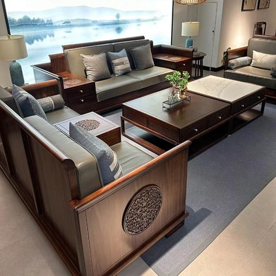 新中式沙发实木乌金黑檀木真皮组合客厅别墅高档现代全屋定制家具