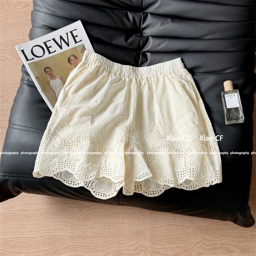 高级感镂空刺绣蕾丝花边短裤女夏季慵懒风显瘦叠穿a字阔腿裤热裤