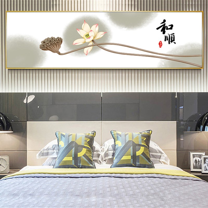 莲花挂画新中式晶瓷荷花图水墨画茶室茶几装饰画卧室床头墙面壁画图片