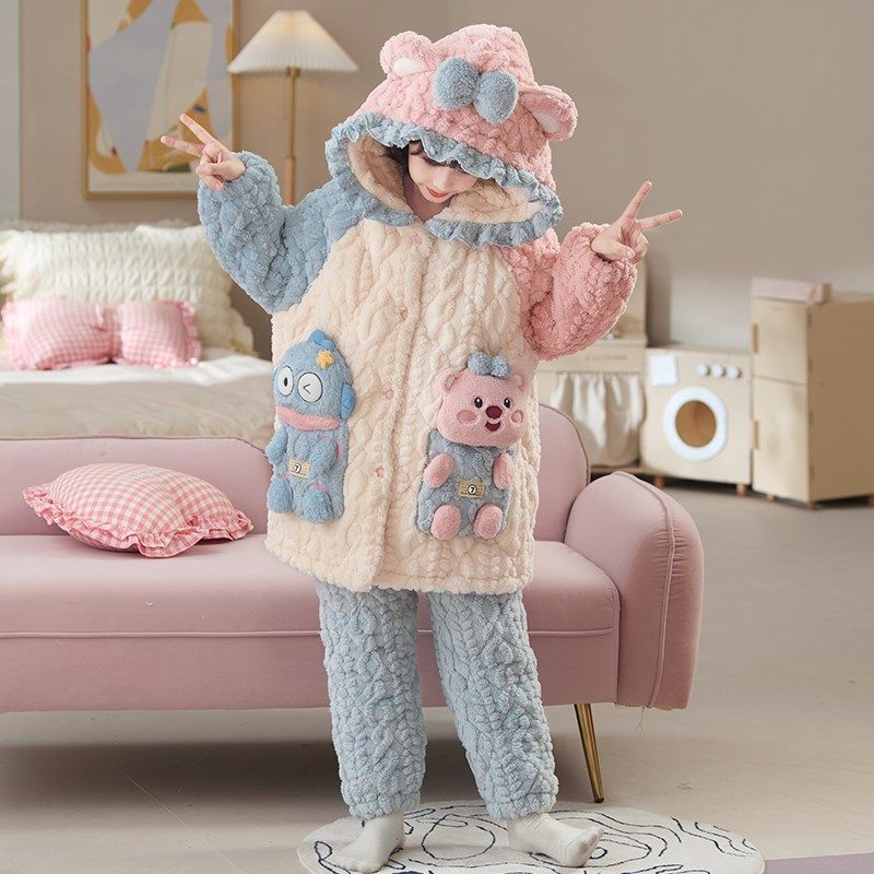 女童珊瑚绒睡衣秋冬款儿童三层夹棉睡袍套装2024新款冬季女孩浴袍