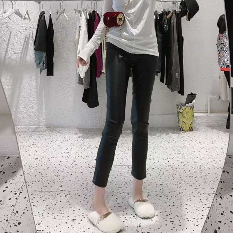 2021年秋季新款pu皮裤女弹力修身打底裤一体腰百搭九分小脚裤靴裤