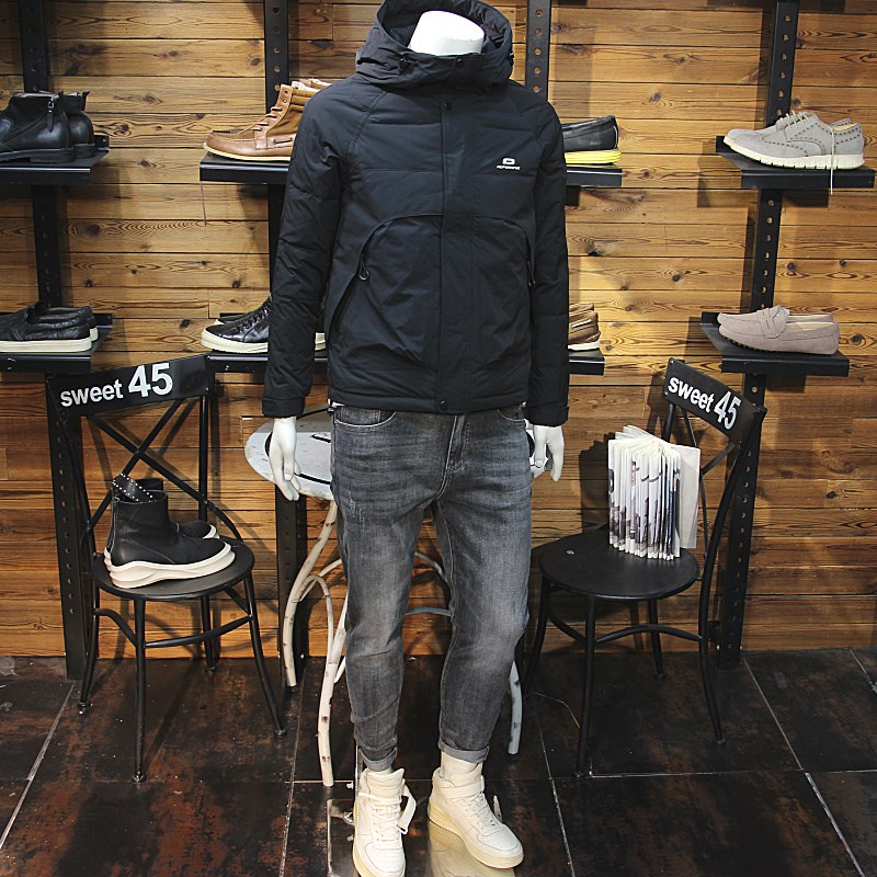 冬装男连帽羽绒服弧形拼接口袋时尚青年修身休闲保暖羽绒夹克外套