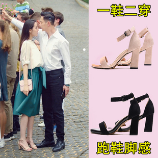 夏季 仙女风中跟绑带2021年新款 女百搭粗跟高跟鞋 真皮一字扣带凉鞋