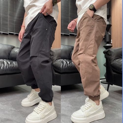 春夏美式潮牌拉链口袋工装休闲裤男士结构拼接时尚百搭束脚哈伦裤
