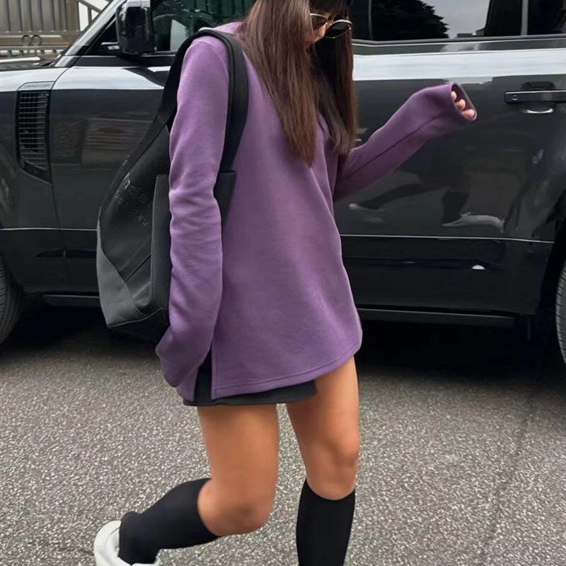 欧货连帽运动衫T恤女2023秋冬新款简约设计感下摆开叉中长版上衣