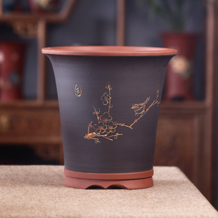 宜兴紫砂花盆大号吊兰建兰四季兰B陶瓷透气桌面绿植透气兰专用花