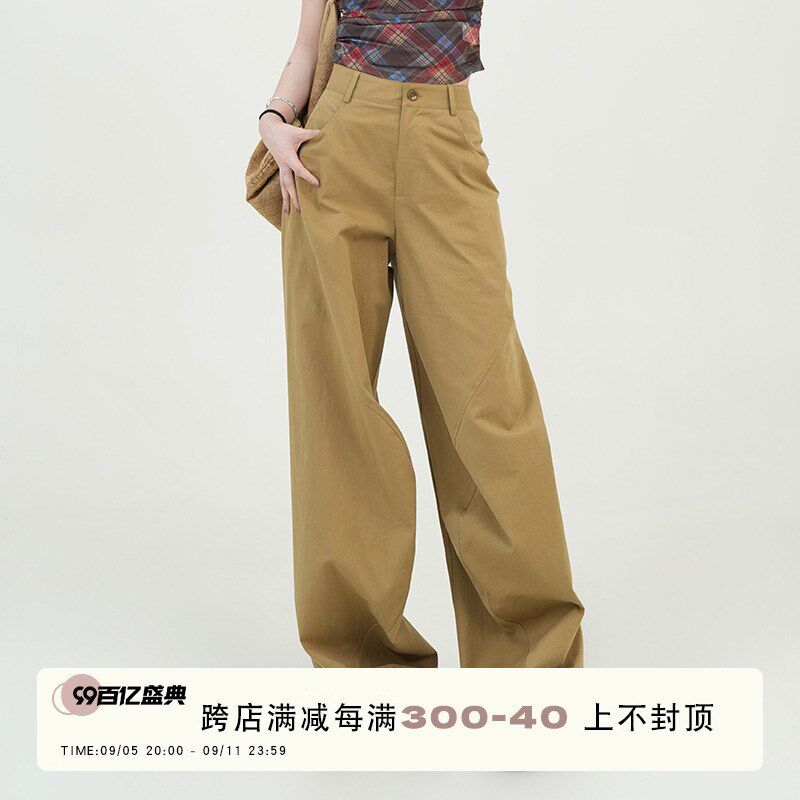吴童童卡其色高腰直筒休闲裤女夏季新款韩系宽松百搭阔腿拖地裤