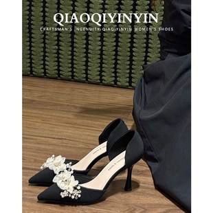 乔气银银2025款贴花连根尖头细跟高跟鞋气质婚鞋宴会礼服百搭女鞋