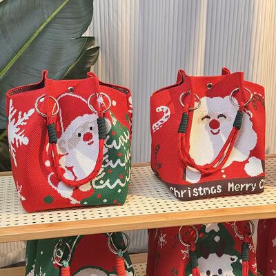 圣诞主题针织手拎包小众设计水桶