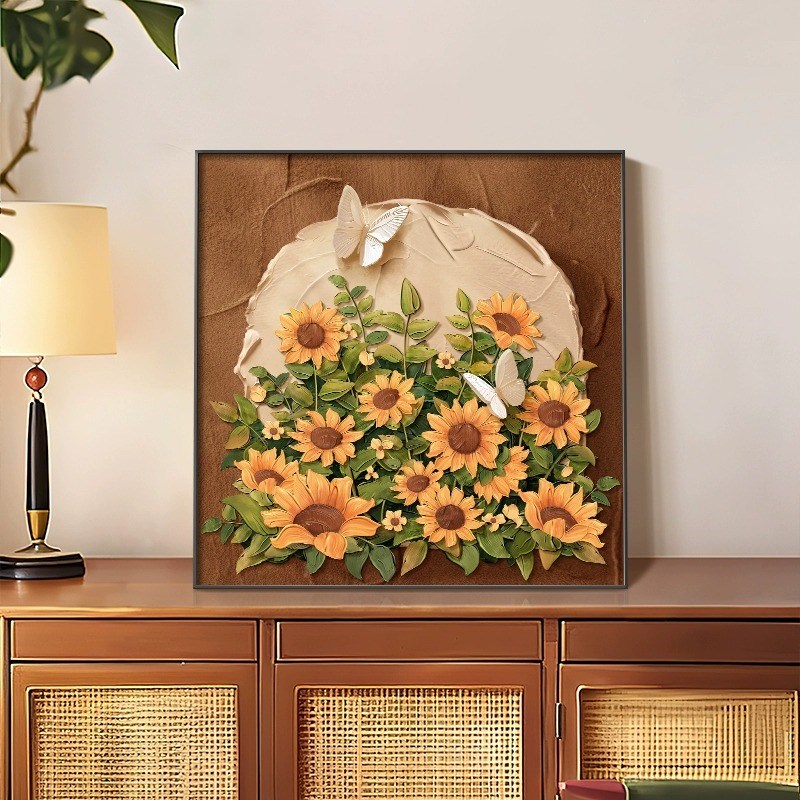 中古风向日葵桌面摆画肌理画高级感斗柜电视柜床头柜挂画餐厅壁画