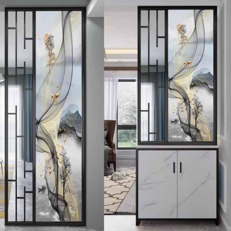 隔断客厅入户门铁艺玄关柜半墙艺术玻璃屏风现代铝合金