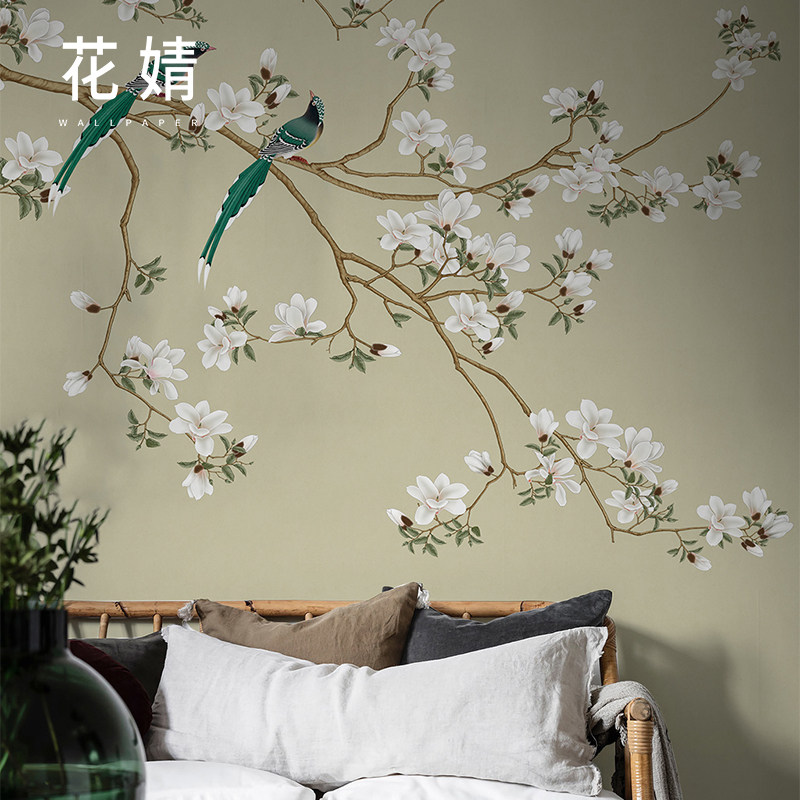 中式玉兰壁纸卧室客厅高端墙布无缝定制鸟电视背景墙壁纸壁画