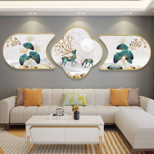 客厅装饰画招财麋鹿沙发背景墙面挂画现代大气壁画三联画
