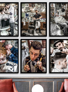 复古男士油头发型理发店装饰画美发店壁画eho海报挂画墙画