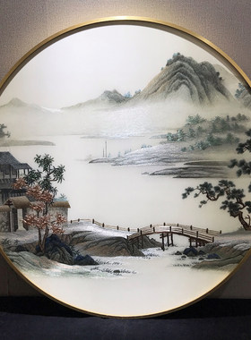 手工刺绣自绣圆形玄关客厅新山水装饰成品框挂画