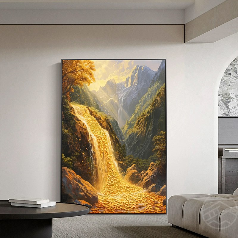 流水生财客厅落地画日照金山壁画走廊玄关装饰画西墙聚财山水挂画