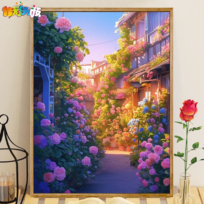 玫瑰花廊 佳彩天颜数字油画diy手工填色丙烯高级感装饰画油彩画图片