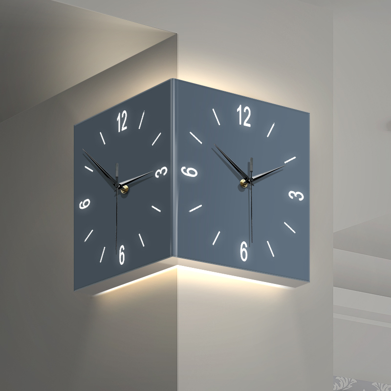 免打孔转角钟面挂钟家用客厅创意极简现代阳角钟发光时钟壁灯画