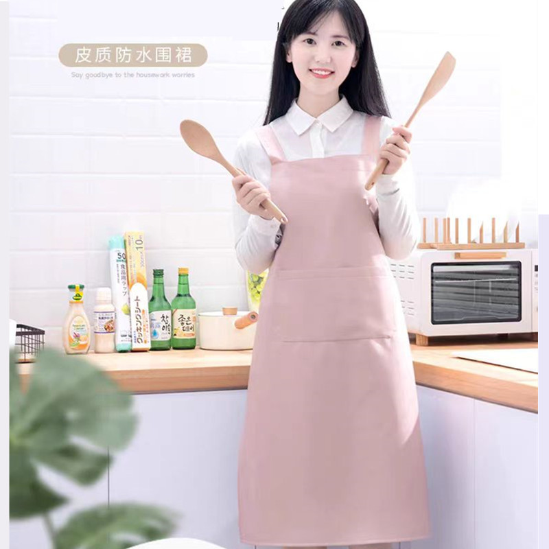 肩带袖防水防油污皮围裙奶茶店工作服男女围腰印字