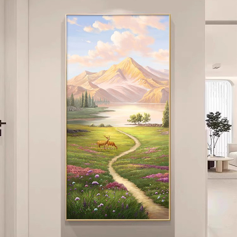 日照金山入户正对门墙挂画玄关装饰画山水画大气玄幻走廊过道壁画