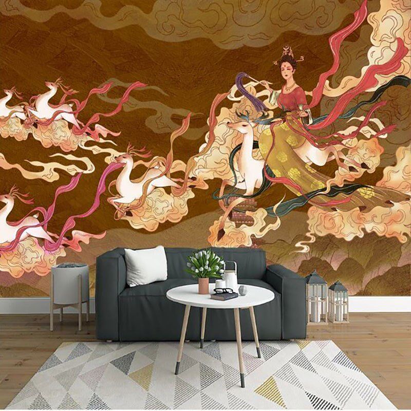 手绘中式古典国潮风敦煌飞天美女墙纸剧本杀换装馆装饰背景墙壁纸