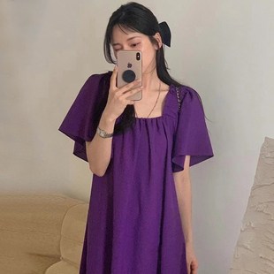 韩国chic夏季 连衣裙长裙女 法式 甜美方领露锁骨宽松休闲纯色飞飞袖