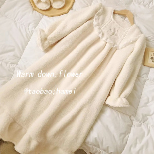 〖童话郁金香〗秋冬保暖羊羔绒公主花边甜美蕾丝宽松睡裙家居服女