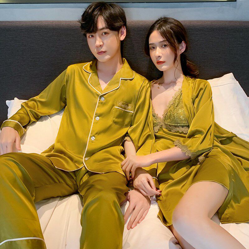 情侣睡衣女春秋款冰丝长袖高级感吊带睡袍薄款男士丝绸家居服套装