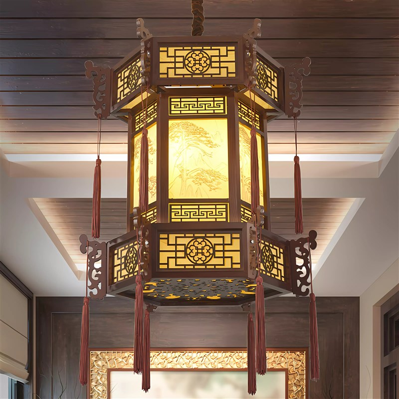 中式复古实木古典宫灯长廊茶楼饭店祠堂红灯笼羊皮灯六角门口吊灯