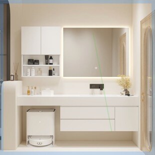 法式奶油风岩板浴室柜一体洗手盆梳妆台无缝陶瓷盆加工