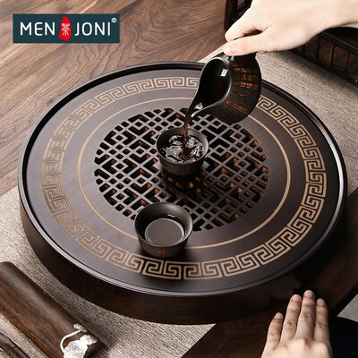 Men&Joni竹制茶盘小号储水茶具中式复古镂空窗花干泡台圆形小茶台