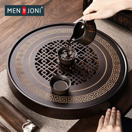 Men&Joni竹制茶盘小号储水茶具中式复古镂空窗花干泡台圆形小茶台