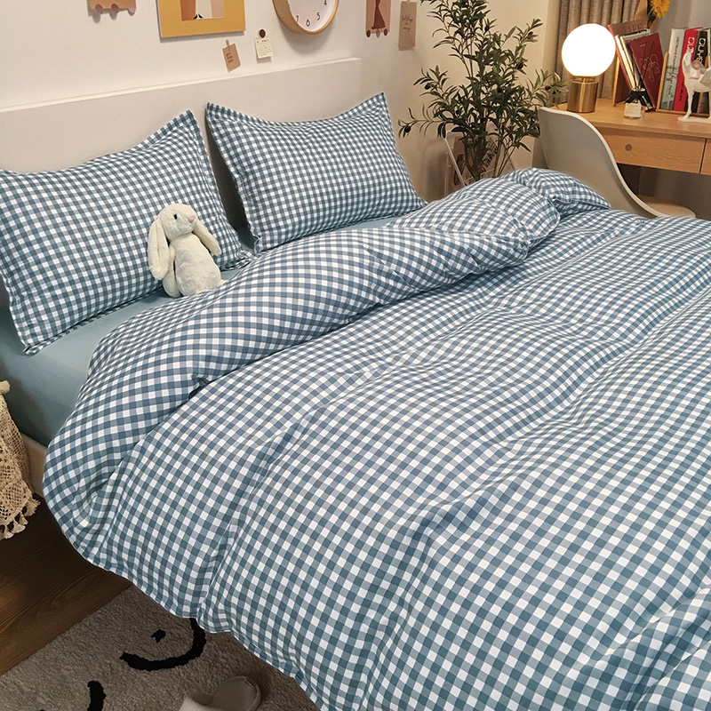 蓝色格子水洗棉四件套男女生单人双人床单被套宿舍床上用品三件套