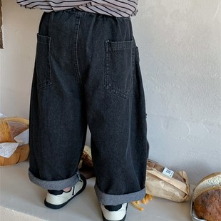 暮晨家新款秋装2023男童纯黑色棉质牛仔裤中小童宽松直筒裤阔腿裤