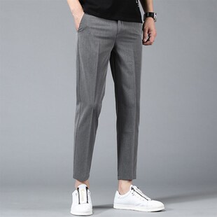 男裤夏季薄款西裤九分裤垂感大码加肥加大胖人修身弹力灰色休闲裤