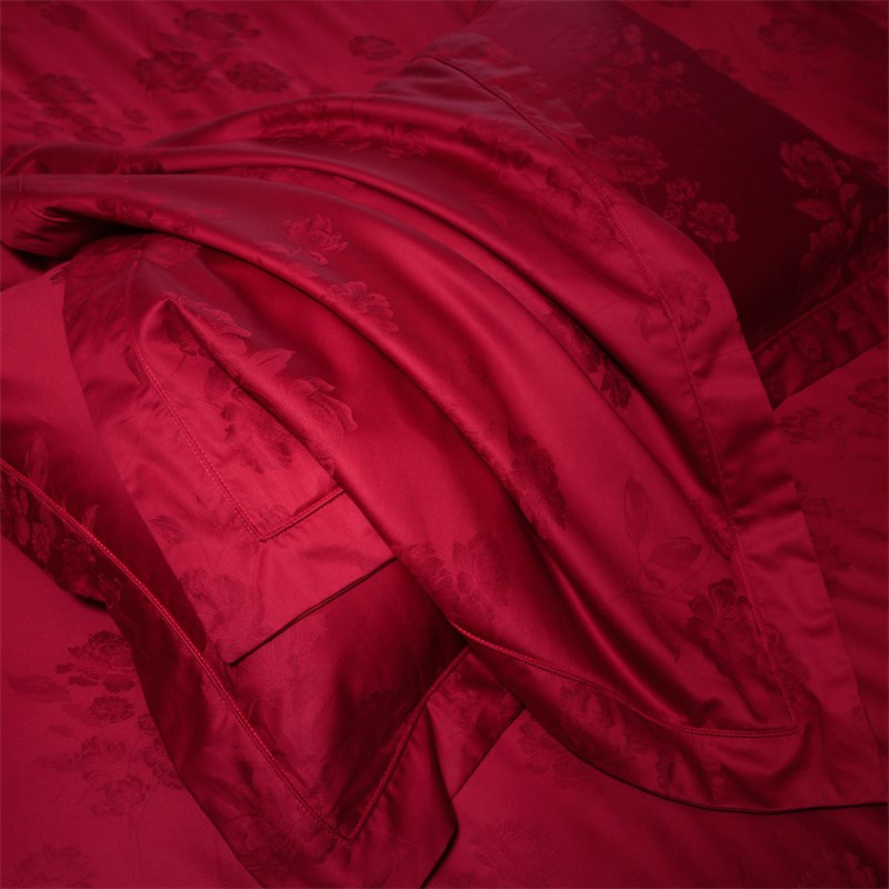 轻奢玫瑰婚庆四件套100S长绒棉纯棉提花被套酒红色结婚用床上用品