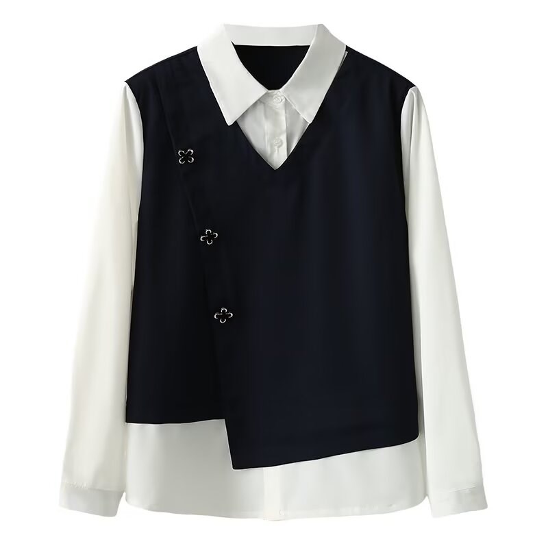 大码设计感假两件长袖衬衫女胖mm宽松显瘦气质洋气春秋打底衫上衣