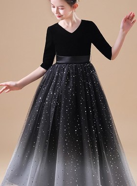 女童大码礼服黑色公主裙儿童婚纱蓬蓬纱花童走秀主持人钢琴演出服