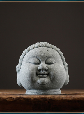 青砂石复古国风新中式鱼缸造景佛头家居装饰创意佛首精品桌面摆件