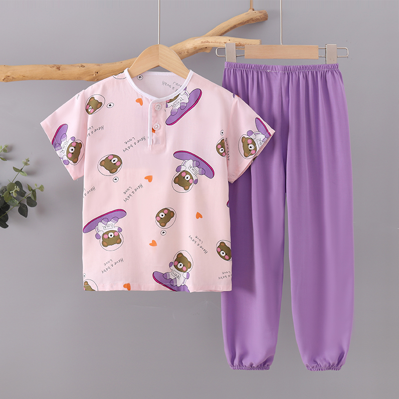 棉绸薄款儿童睡衣男童男孩女童新款空调服女孩宝宝绵绸家居服夏季
