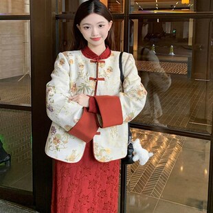大码胖mm新中式国风盘扣提花外套红色旗袍连衣裙女秋冬气质两件套