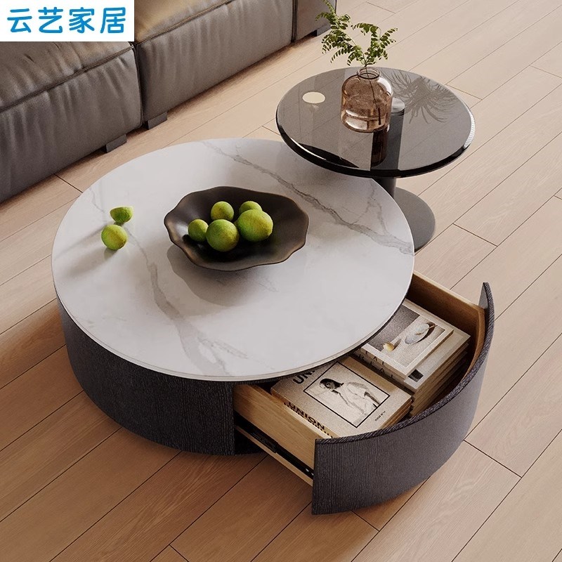 圆形岩板茶几客厅2024新款家用小户型茶几轻奢高级感钢化玻璃边几