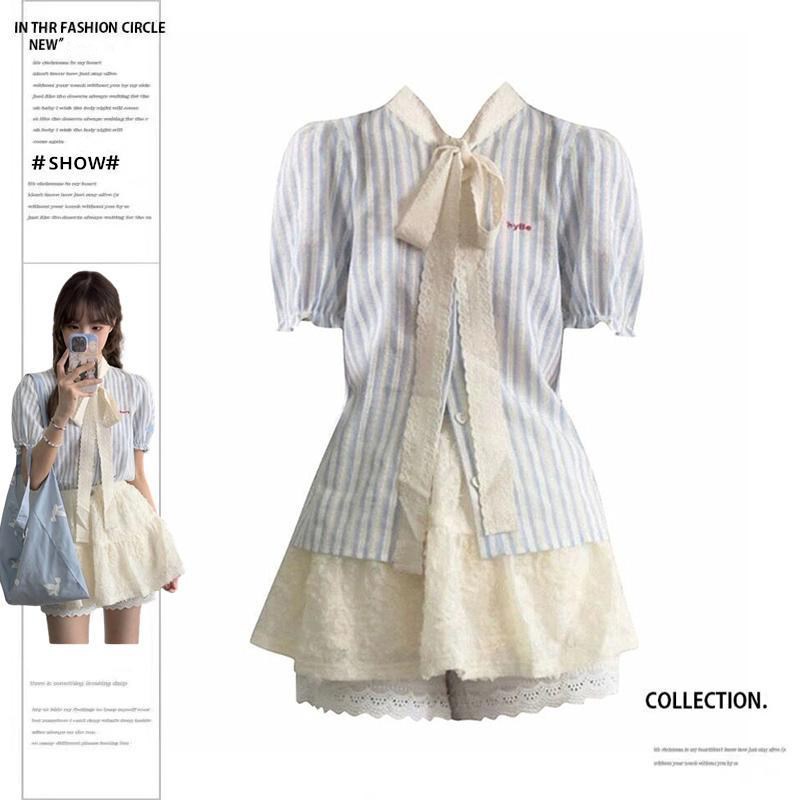 大码胖mm学院风连衣裙女夏装搭配一整套初恋衬衫短裙子三件套装潮