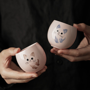 陶瓷粉色猫咪茶杯主人杯单杯女个人专用功夫茶具高级茶盏礼盒装