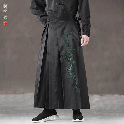 新中式竹子刺绣汉服马面裙中国风情侣休闲阔腿裤民族古装唐装长裤