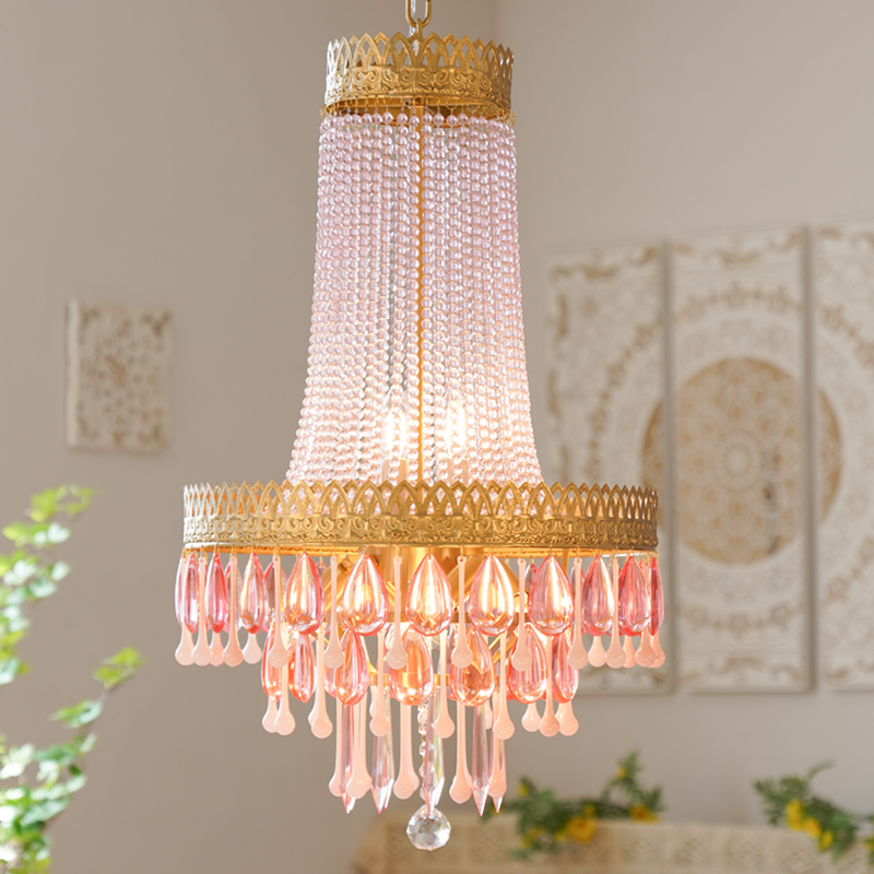 全铜法式粉色卧室餐厅灯别墅女儿房公主房复式楼梯间复古水晶吊灯