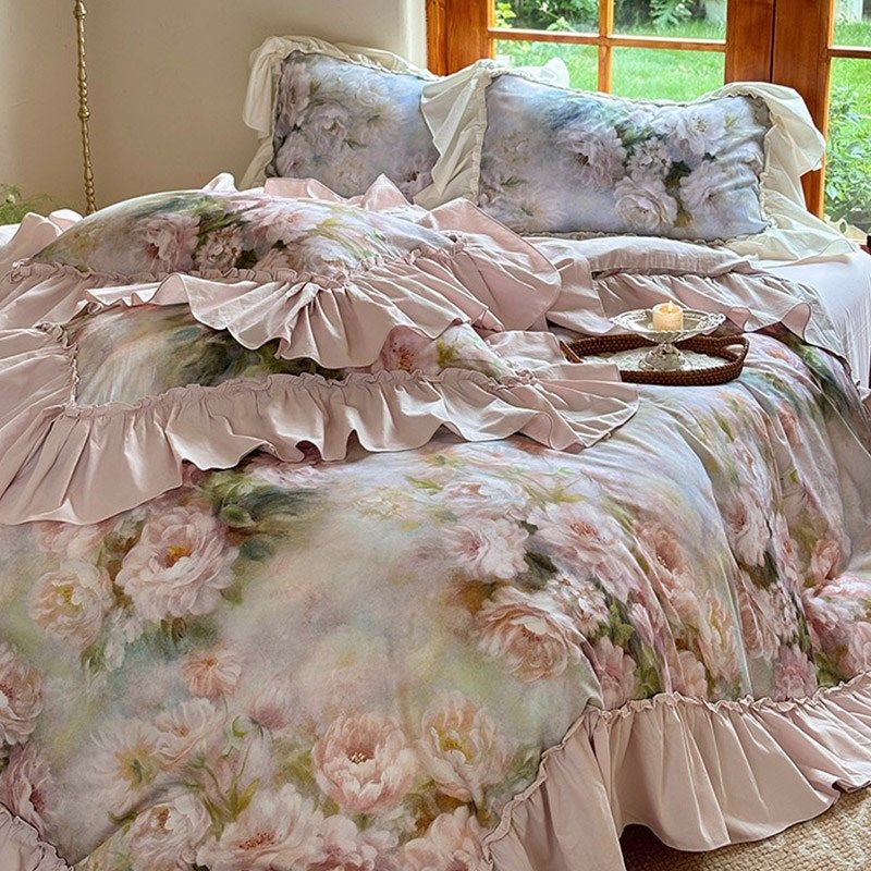 秋冬季法式风100S全棉磨毛加厚四件套浪漫花卉印花被套床品粉绿色