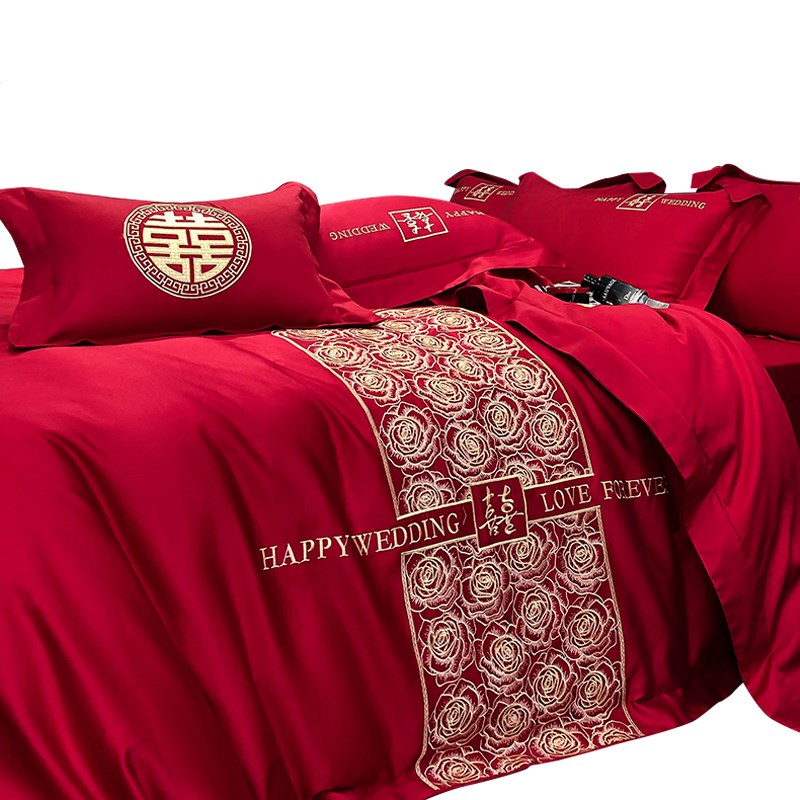 高档结婚床上用品四件套婚庆婚房喜被高级感床单被套红色婚礼被罩